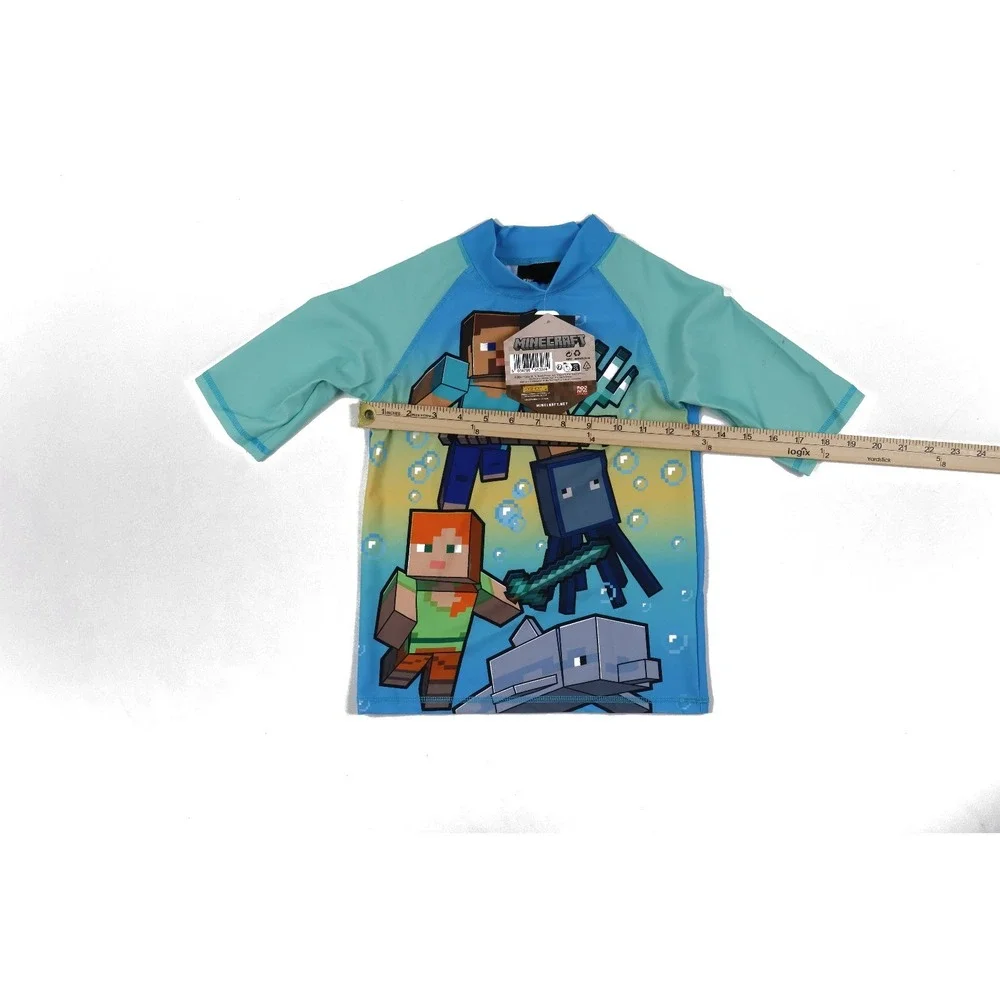 Minecraft Swimsuit Rash Guard Trunks Set Blue Character Print Size 7/8 NWT